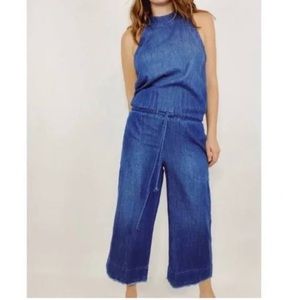Anthropologie Cloth & Stone Chambray Denim High Neck Utility Jumpsuit